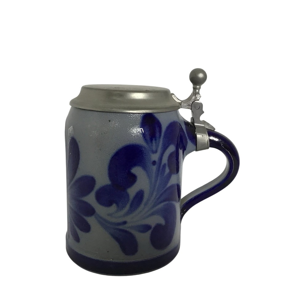Stein-Mug Stoneware Vintage Primitive Inspired Blue Floral With Lid Beer Stein
